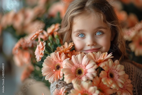 A charming child with bouncy curls and playful blue eyes smiles brightly, surrounded by a field of vibrant orange flowers