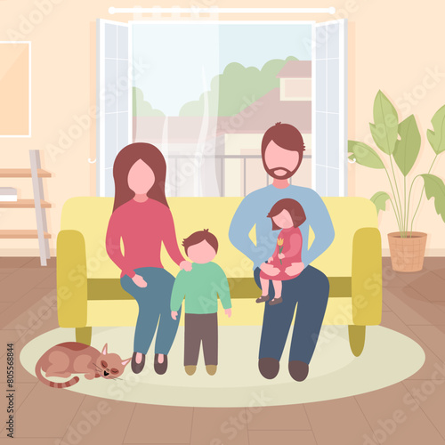 Foto familiar. Familia disfrutando en la casa. Padres e hijos. Concepto de hogar.