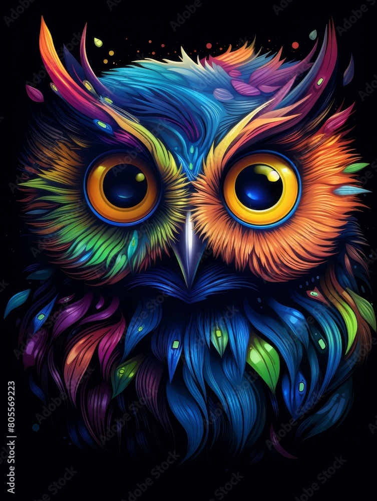 Vibrant Owl with Large Eyes on Black