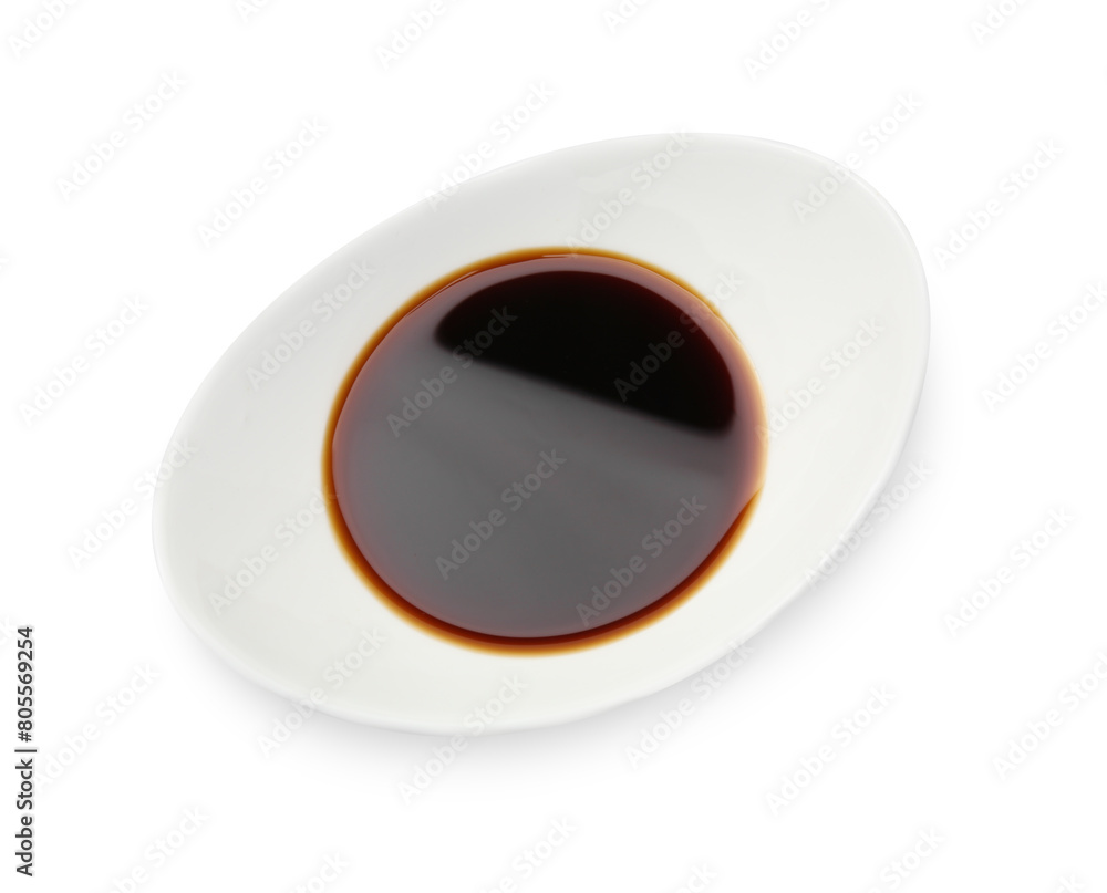 Tasty soy sauce in gravy boat isolated on white, top view Tasty soy sauce in gravy boat isolated on white, top view