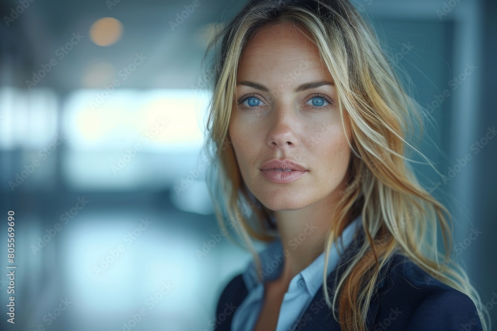 Close-up portrait of a businesswoman showing her confidence with piercing blue eyes and a focused expression Close-up portrait of a businesswoman showing her confidence with piercing blue eyes and a focused expression