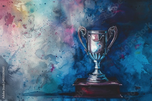 A painting of a silver trophy on a table. Ideal for sports events or achievement concepts