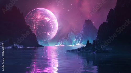 Futuristic fantasy landscape  sci-fi landscape with planet  neon light  cold planet. Galaxy  unknown planet. Dark natural scene with light reflection in water. Neon space galaxy.