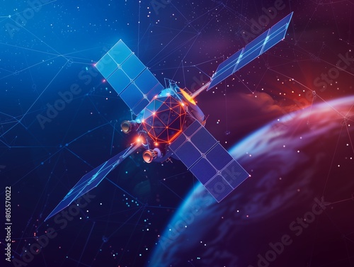 Neural lowpoly AI futuristic neon network of satellite