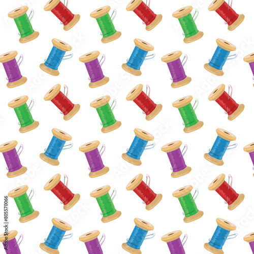 Seamless pattern with threads and needles. Vector background with tools and accessories for needlework and sewing.