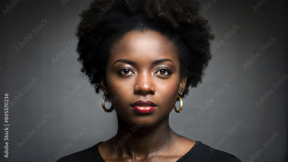 Portrait of a confident woman with afro hair and gold earrings against a dark background. A powerful representation of natural beauty, elegance, and empowerment in modern studio photography Portrait of a confident woman with afro hair and gold earrings against a dark background. A powerful representation of natural beauty, elegance, and empowerment in modern studio photography