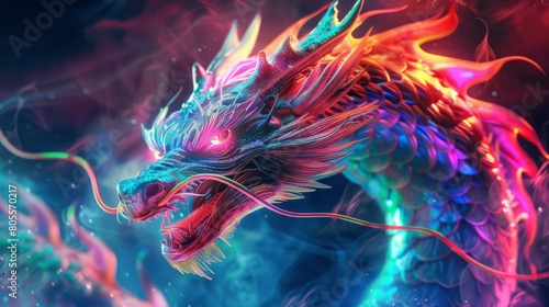 Oriental dragon, neon, modern art, cover.