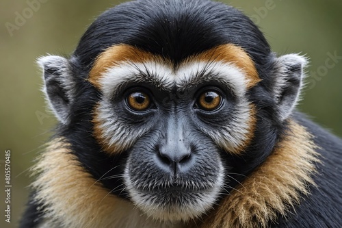top close and full framed view of De Brazza's Monkey head , detailed and sharp textures, large depth of field photo