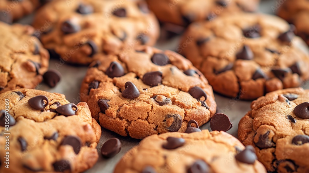A close-up view of a tray filled with freshly baked chocolate chip cookies
