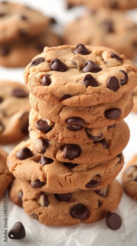 A stack of chocolate chip cookies neatly arranged on a wooden table