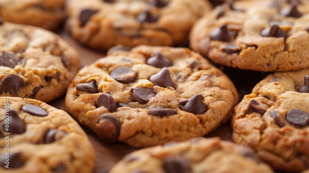 A detailed view of freshly baked chocolate chip cookies arranged on a wooden table