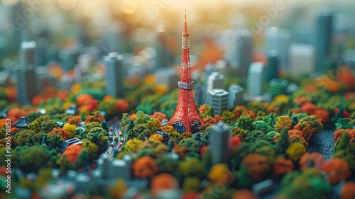 Miniature clay Tokyo Tower in tilt-shift isometric view photo