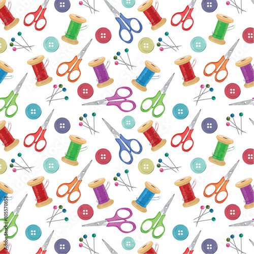 Seamless pattern with scissors, threads, buttons, pins, and needles. Vector background with tools and accessories for needlework and sewing.