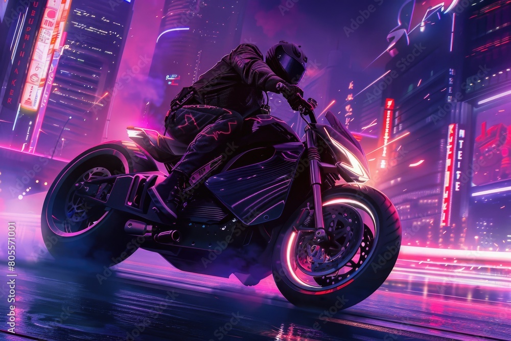 A man riding a motorcycle through a city at night. Suitable for urban lifestyle concepts