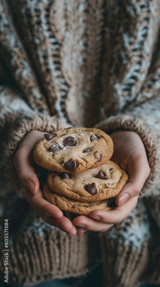 A persons hands holding three chocolate chip cookies A persons hands holding three chocolate chip cookies