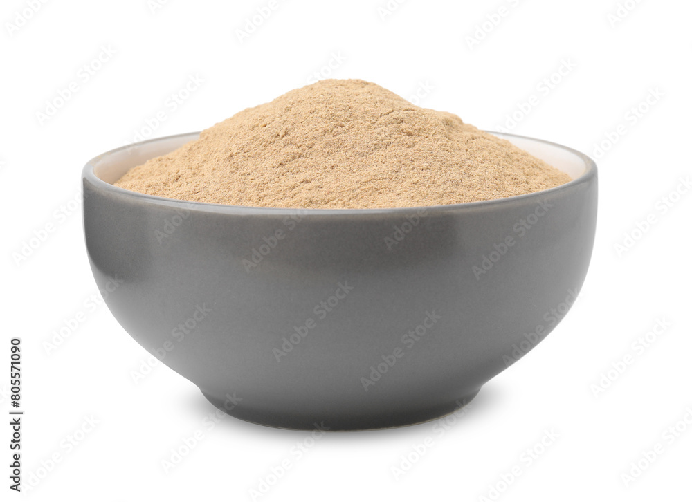 Dietary fiber. Psyllium husk powder in bowl isolated on white Dietary fiber. Psyllium husk powder in bowl isolated on white