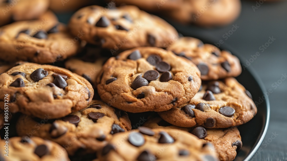 A plate full of chocolate chip cookies on a table A plate full of chocolate chip cookies on a table