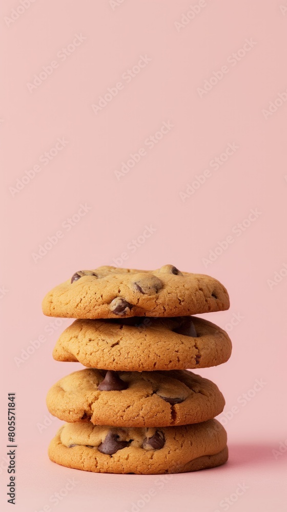 Stack of chocolate chip cookies arranged neatly against a soft pink background Stack of chocolate chip cookies arranged neatly against a soft pink background