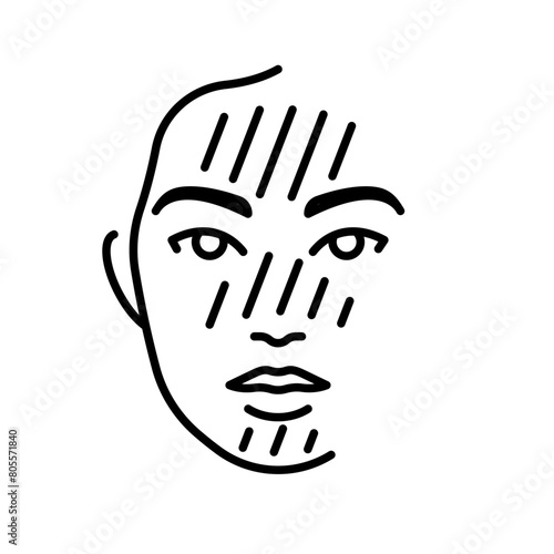 Oily skin, line icon. Skin type symbol. Female face, highlighted t-zone on the face. Stylized pictogram. Linear illustration, thin lines, editable strokes. For skin product, treatment, dermatology