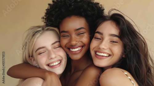 Portrait of happy multicultural girls hugging on beige background