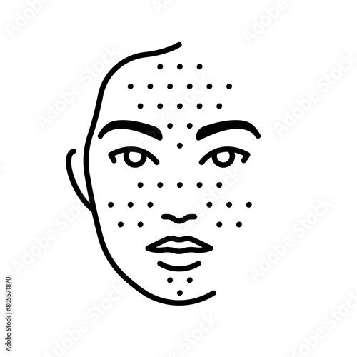Dilated pores, line icon. Female face and dots like pores. Linear illustration, editable stroke. For cosmetics, skin care product, packaging, dermatology.