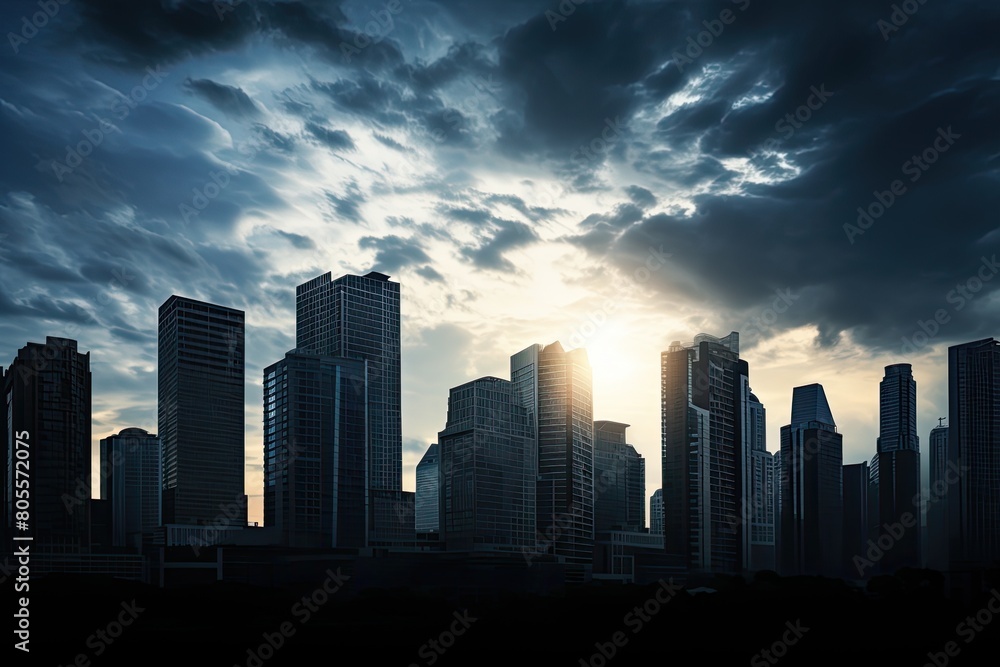 City skyline silhouette against a vibrant red and blue sunset sky City skyline silhouette against a vibrant red and blue sunset sky
