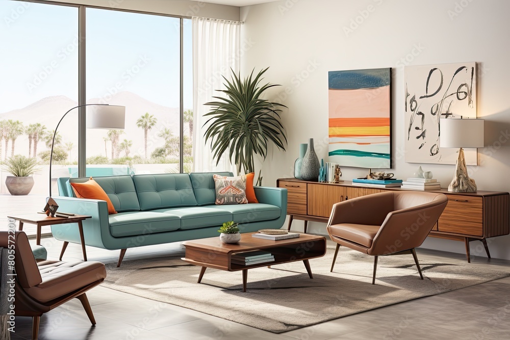 Modern living room with a teal sofa, two brown armchairs, a wooden coffee table, and decorative items, with large windows overlooking a desert landscape. Modern living room with a teal sofa, two brown armchairs, a wooden coffee table, and decorative items, with large windows overlooking a desert landscape.