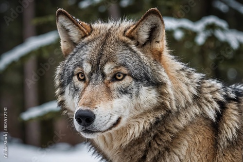 top close and full framed view of Gray Wolf head , detailed and sharp textures, large depth of field