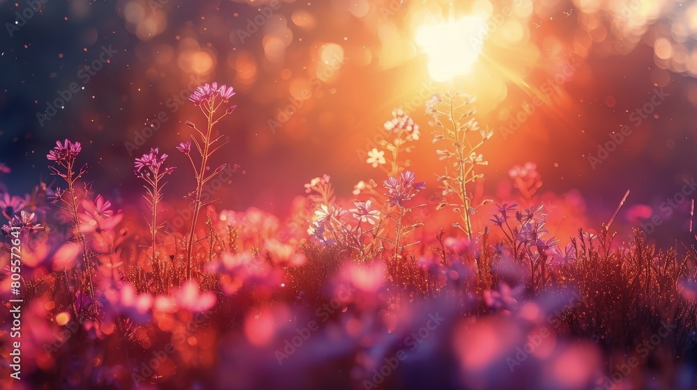 Fototapeta premium Field of Purple Flowers With Sun in Background