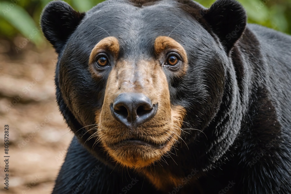 Fototapeta premium top close and full framed view of Sun Bear head , detailed and sharp textures, large depth of field
