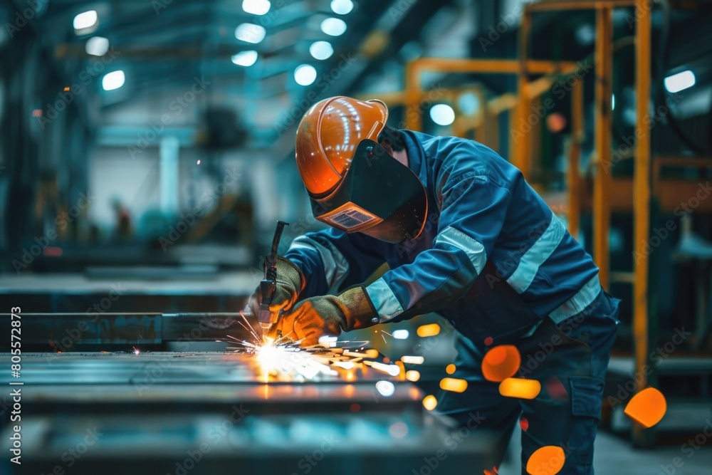 A man is welding metal in a factory. Suitable for industrial concepts A man is welding metal in a factory. Suitable for industrial concepts