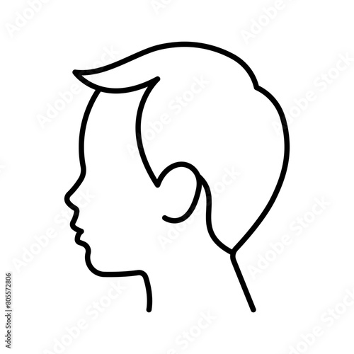 Boy's head, line icon. Little boy portrait, side view - face silhouette, hair, ear, neck, nose. Cute young man. Simple style icon. Editable strokes. 