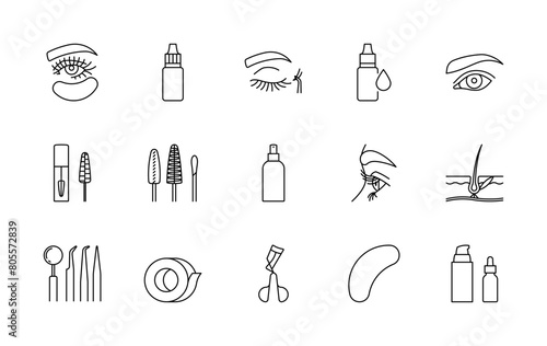 Lashes Extension related line icons. Linear illustration set - open eye, lashes, tools, a lash curler, a patch, strap, glue, mask, brushes, cosmetics, brow. Minimalist illustration, editable strokes