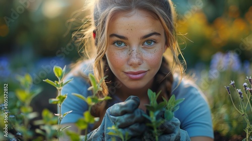 Woman Working in a Garden With Green Plants