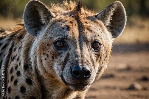 top close and full framed view of Hyena head , detailed and sharp textures, large depth of field
