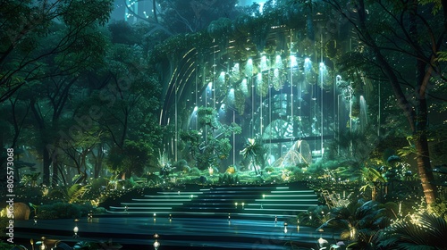 Illustrate a futuristic stage design where musical notes interact with lush green landscapes  illuminated by bioluminescent effects to symbolize eco-friendly practices