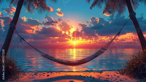 Illustration of two palm trees with a hammock.