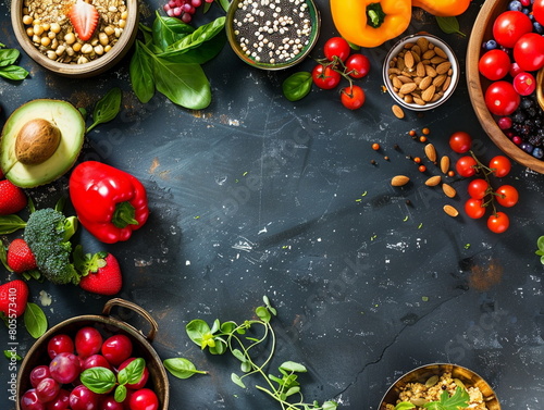 Organic food on black stone background. Vegetables and fruits. View from above. Free space for copying.