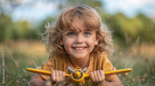 Little Boy Playing in Grass With Toy Airplane