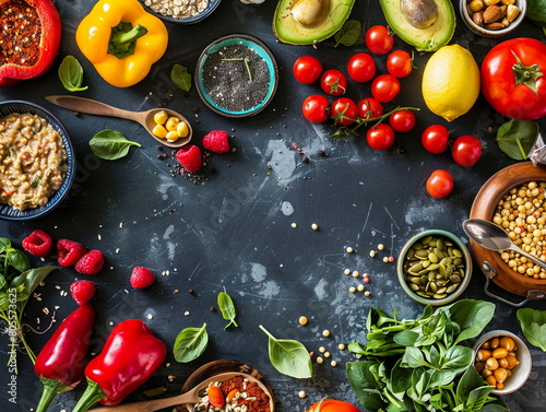 Organic food on black stone background. Vegetables and fruits. View from above. Free space for copying.