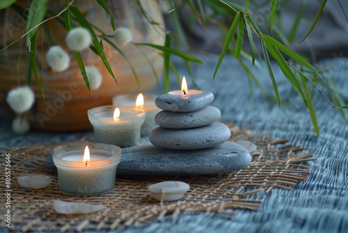 Calming Zen Spa Scene with Candles  Stones  and Bamboo.