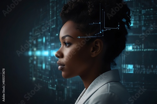 AI cyber security threat illustration, black African American female IT specialist analyzing data information technology, augmented reality artificial intelligence collage, side profile, copy space