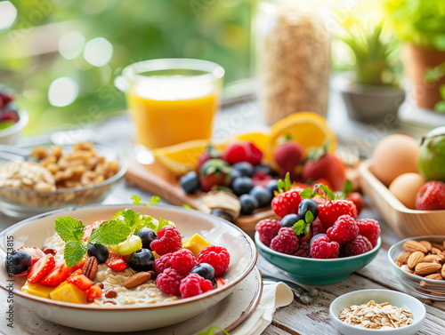 Healthy breakfast with fruits and berries, muesli, raspberries, blueberries. Vegetarian food, diet concept, weight loss, healthy lifestyle and nutrition