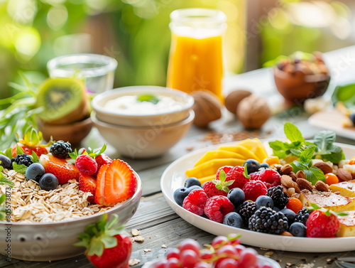 Healthy breakfast with fruits and berries, muesli, raspberries, blueberries. Vegetarian food, diet concept, weight loss, healthy lifestyle and nutrition