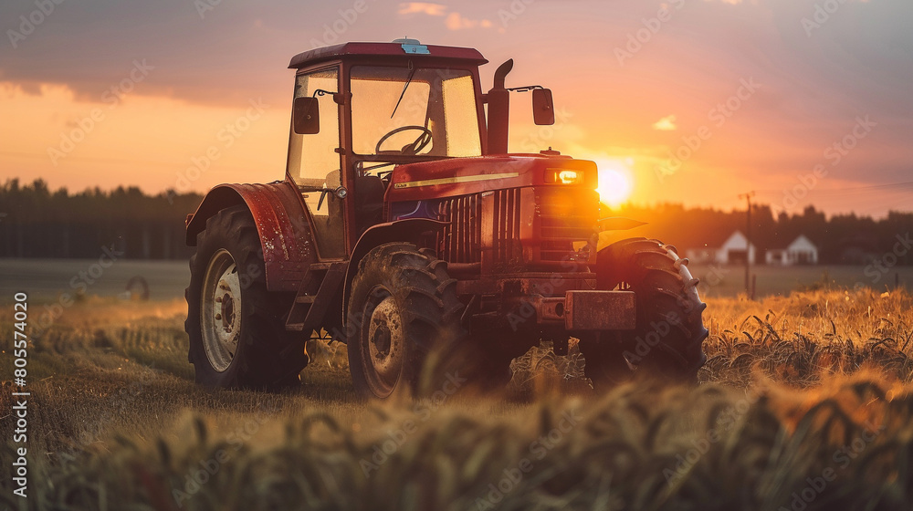 Fototapeta premium Tractor in the cornfield. 
