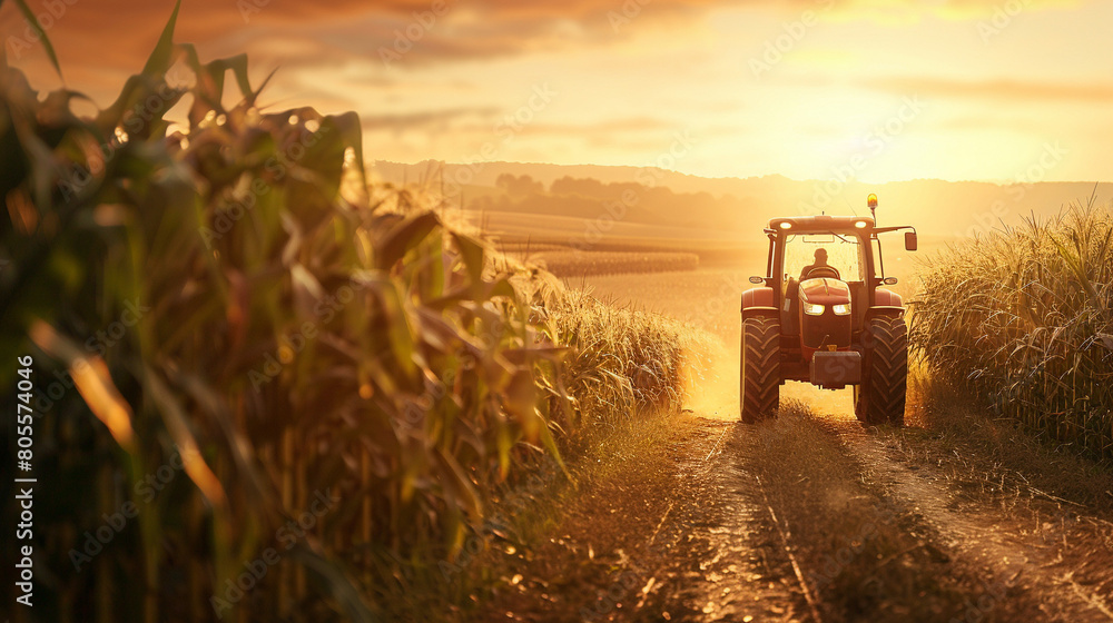 Fototapeta premium Tractor in the cornfield traveling down dirt road. 