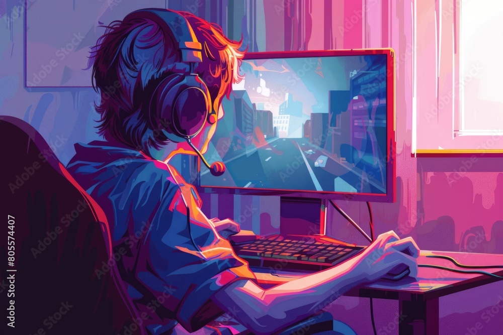 A person sitting in front of a computer with headphones on. Suitable for technology and work concept A person sitting in front of a computer with headphones on. Suitable for technology and work concept