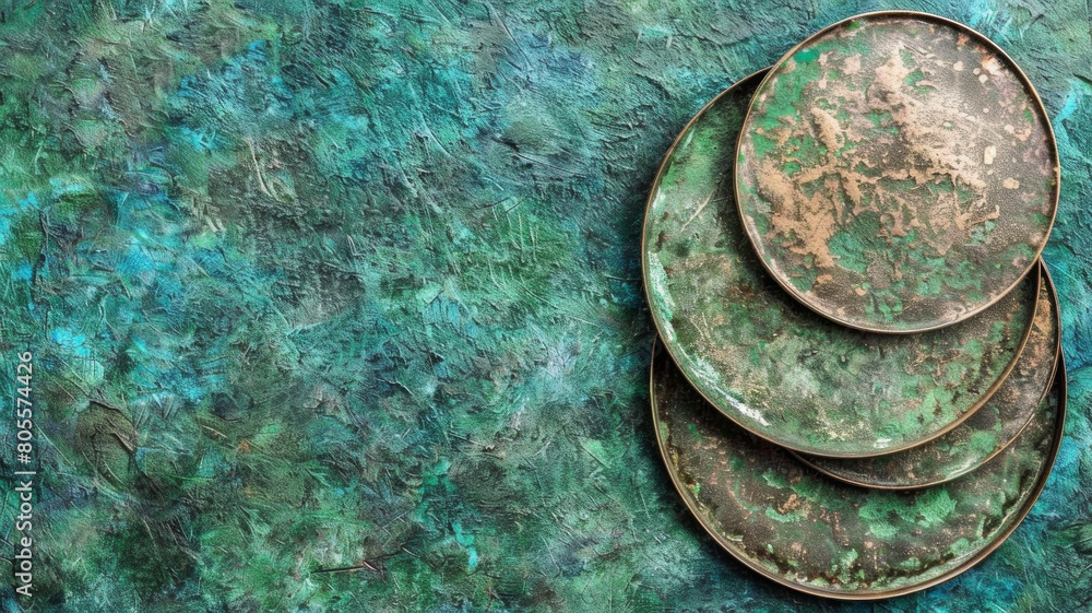Three old plates are stacked on top of each other on a green background