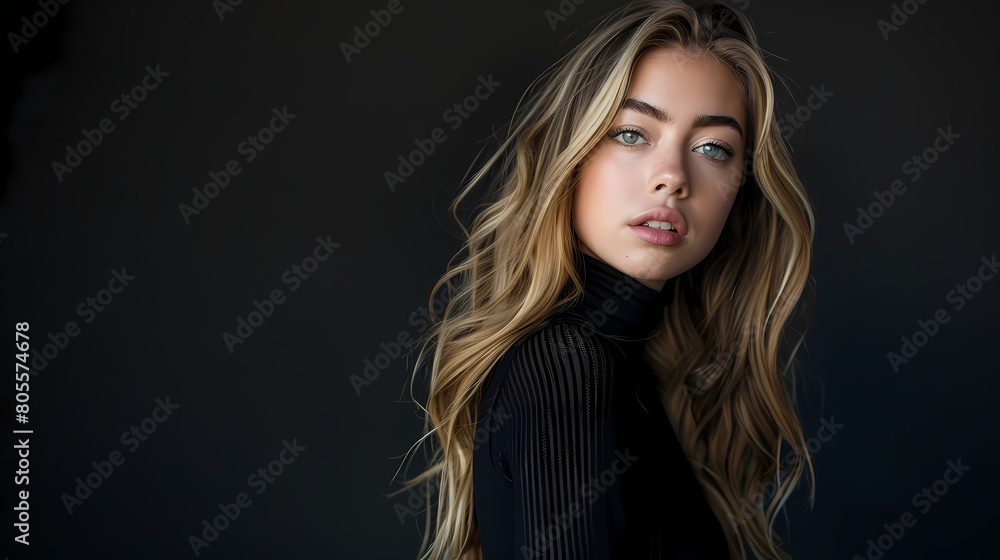 Elegant Young Woman Posing in a Black Dress Against Dark Background Elegant Young Woman Posing in a Black Dress Against Dark Background