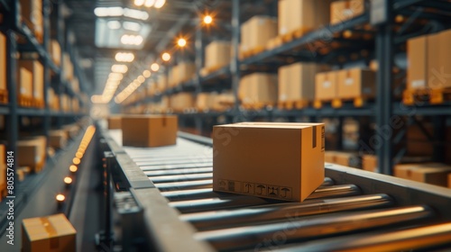  Cardboard Boxes Moving on Conveyor Belt in Distribution Warehouse